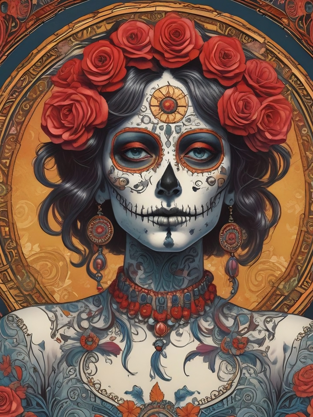 Sugar Skull Portrait Art Print in Red and Blue by